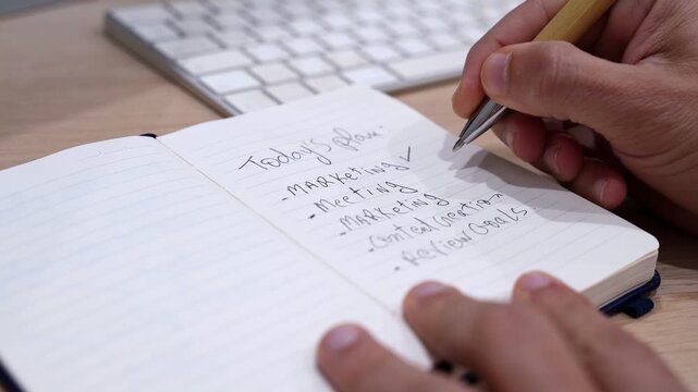Close-up of a hand checking off a marketing task list in a notebook labeled today's plan on a wooden office desk with keyboard, illustrating business productivity and daily marketing workflow.