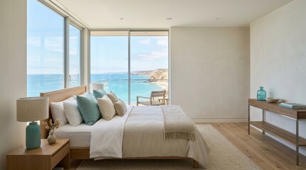 Fototapeta premium Modern bedroom with stunning ocean views and a comfortable bed