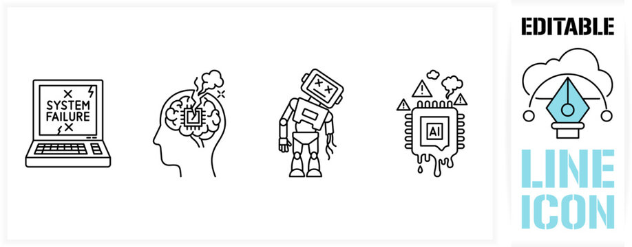 Editable line icon set in a black simple and clean vector outline stroke for system failure, computer error, artificial intelligence glitch, broken robot, AI chip overheat and technology breakdown.