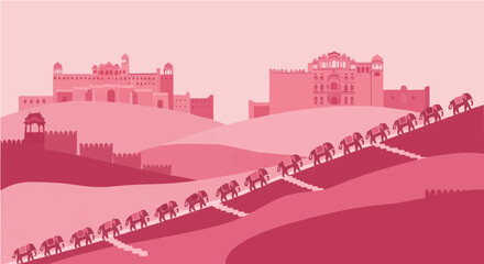 Obraz premium Stylish pink vector cartoon illustration of ancient indian fort with long camel caravan on hillside path