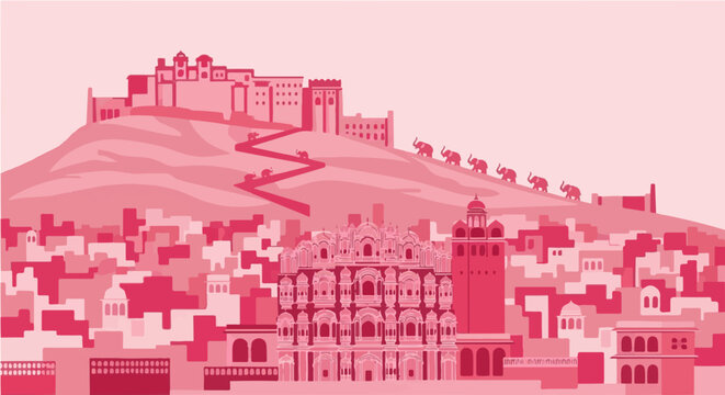 Pink silhouette vector cartoon illustration of rajasthan fort hill with camel caravan and traditional city buildings
