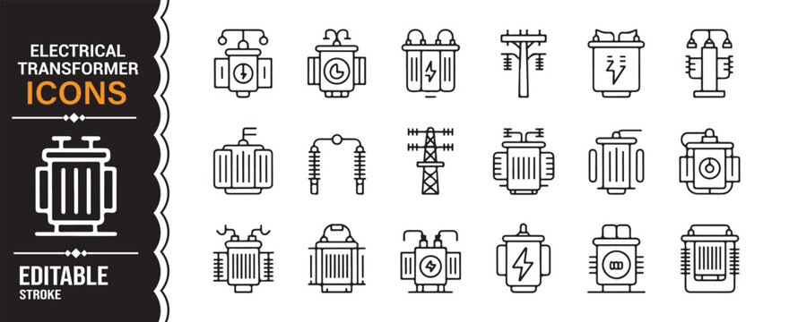 Energy and electricity transformer line icons collection minimal power grid and substation symbols
