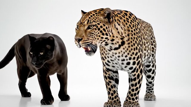 Leopard and Black Panther Walking Towards Camera on White Background, Studio Shot