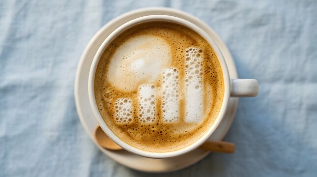 High-angle shot of a coffee cup with a milk foam graph illustrating business progress and a timeline from January to May on a light-blue wooden surface.