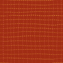 Fototapeta premium Abstract seamless pattern with yellow and pink dashed check stripes and red background. Hand painted illustration for design, print, fabric or background.