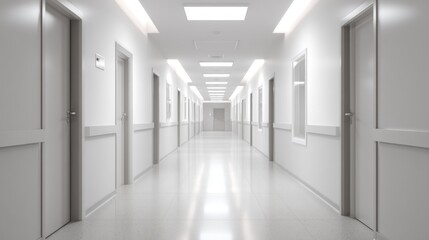 Obraz premium Clean and Bright Hospital Corridor with Doorways and Soft Lighting for Medical Environment