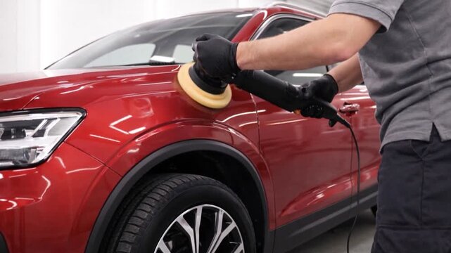 A master polishes the surface of a car body. Car care in an auto repair shop.
