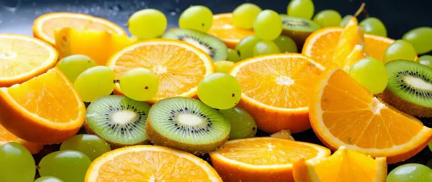 Healthy Eating And Wellness Concept Close Up Of Fresh Fruits Oranges Kiwi And Grapes On Dark Background Nutrition.