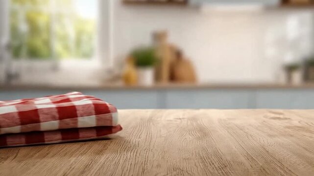 Empty rustic wooden table with a blurred modern kitchen background