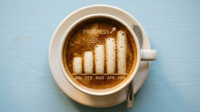 High-angle shot of a coffee cup with a milk foam graph illustrating business progress and a timeline from January to May on a light-blue wooden surface.