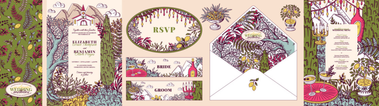 Wedding invitation template . Vintage elegant botanical illustration of nature, landscape, seamless pattern, European village, tree, champagne, garden for card, envelope, background, menu, frame