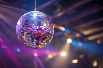 Fototapeta premium Reflective spherical ornament bathed in multicolored beams of light