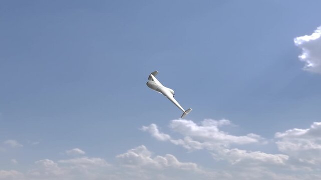 Right to Left Flypast of Shahed 136 Kamikaze Drone Flying By on Blue Sky Cloud Background. Close-up detailed 3d animation. UAV Unmanned Aerial Vehicle. Modern Technology Warfare in the Air.