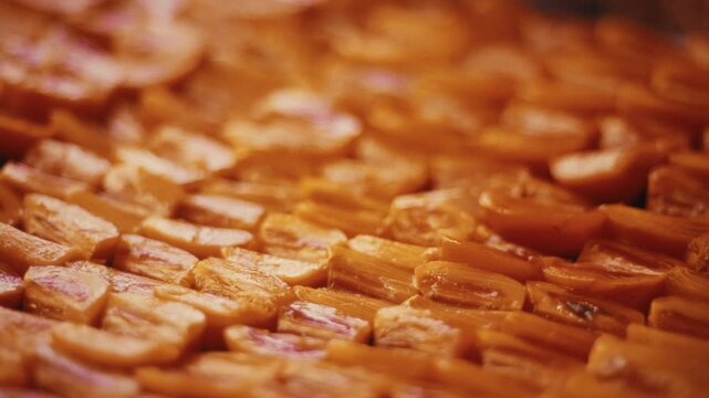 Freshly sliced persimmons arranged on a drying rack for dehydration. rack focus