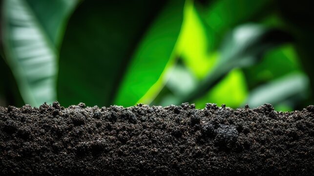 Rich organic compost soil ready for planting with blurred green foliage in background