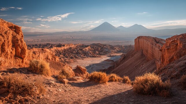 Remote Chilean desert landscape featuring towering rock formations, sandy ridges, and a distant volcano