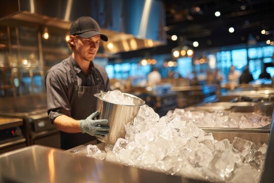 Restaurant employee scooping ice from a commercial ice machine in a modern kitchen