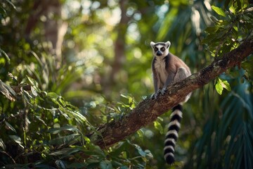 Fototapeta premium Ring-tailed lemur perched on a branch in a lush tropical forest