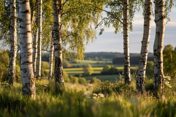 Obraz premium Row of silver birch trees in a quiet countryside meadow at golden hour