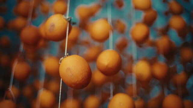 Orange persimmon fruits hanging on strings to dry, creating traditional hoshigaki. low angle shot