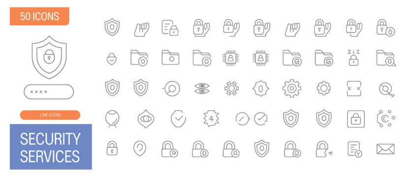 Comprehensive security services line icons set for digital protection and data privacy solutions
