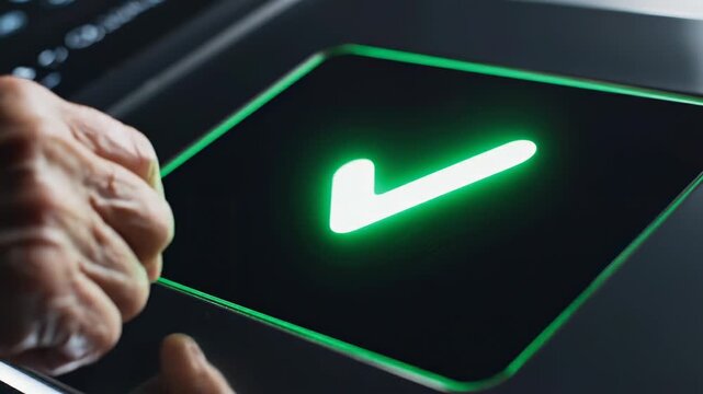 Close-up of a human hand interacting with a touch screen, featuring a glowing fingerprint scanner and checkmark indicating success