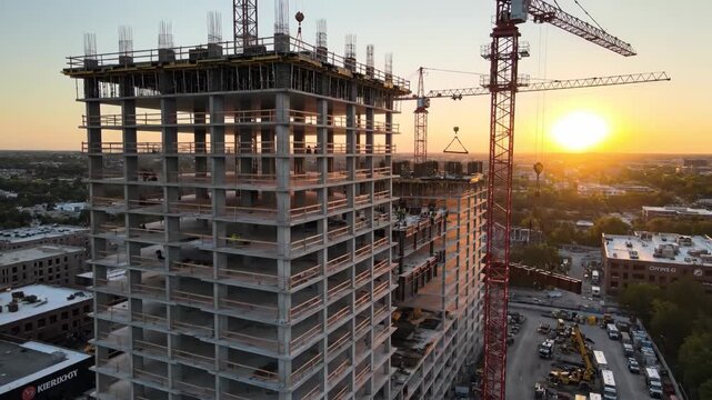 Construction site showing high-rise building under development with cranes and sunset in the background, showcasing the progression of construction activities and structural elements