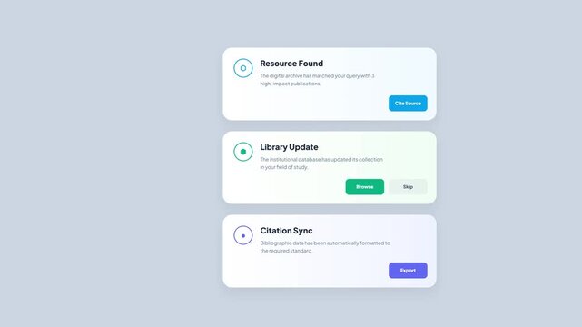 Motion Video 4K Online Education Platform Interface Animation Concept With Resource Found Library Update And Citation Sync Notification Cards For Academic Learning Application UI UX Design