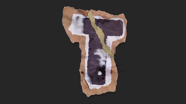A drag and drop typographic letter with alpha in a grunge torn creased up paper and card style that folds out in to place with worn aged effects and paper tears.
