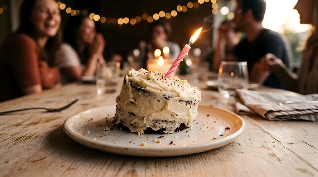 Action shot of a birthday cake falling off a wooden table during a celebration with shocked people in the background
