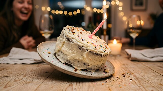 Action shot of a birthday cake falling off a wooden table during a celebration with shocked people in the background
