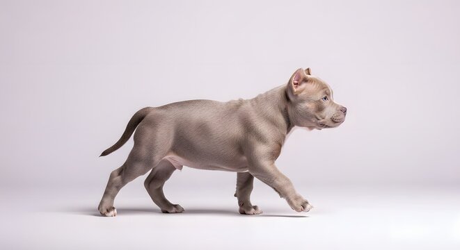 Young grey pocket bully puppy walking in profile on a clean white studio background