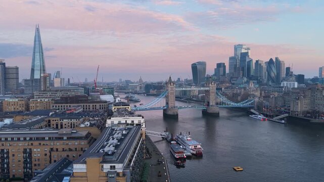 London skyline aerial view at sunrise with Tower Bridge