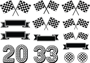 Racing symbols set, black white motorsport icons, checkered flags, racing banners, speed elements collection, competition design vector © Kha