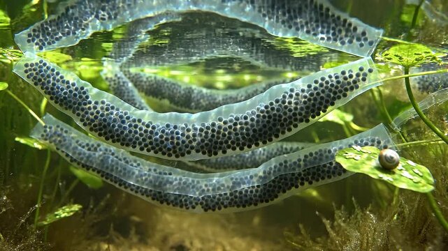 Close-up view of toad eggs in strands underwater, surrounded by aquatic plants in a tranquil pond
