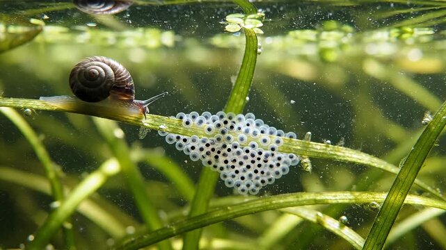 A close-up view of amphibian eggs clinging to aquatic grass with a snail exploring nearby in a clear underwater environment