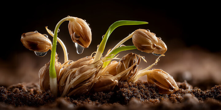 Germinating seeds in rich soil. Detailed view of dewcovered wheat germination process