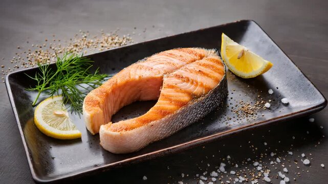 Juicy grilled salmon steak served with lemon wedges, dill and spices on dark plate, highlighting healthy seafood cuisine, gourmet cooking and balanced nutrition concept.