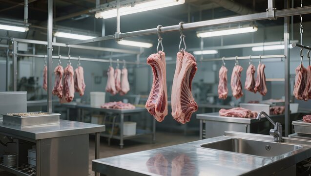 Wide-angle view of a modern meat processing facility with carcasses hanging and stainless steel prep tables highlighting industry standards innovation and food safety resilience.