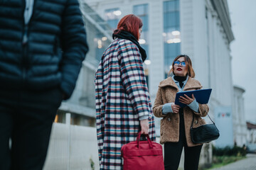 Fototapeta premium Two women converse outdoors in a city setting, one holds a blue binder, the other carries a red bag.
