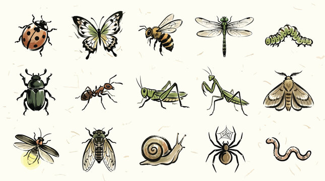A collection of detailed illustrations of various insects and small creatures on a textured background.