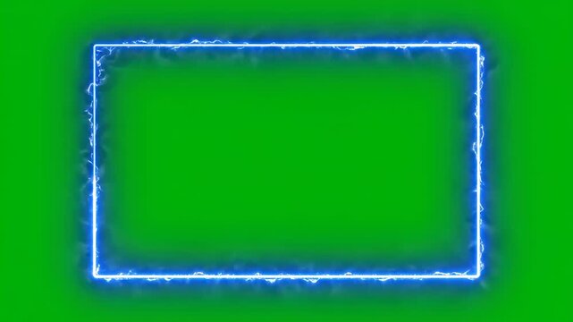 Electric blue neon frame with glowing edges gradually intensifies against a vibrant green background, showcasing a dynamic visual transition across three connected frames