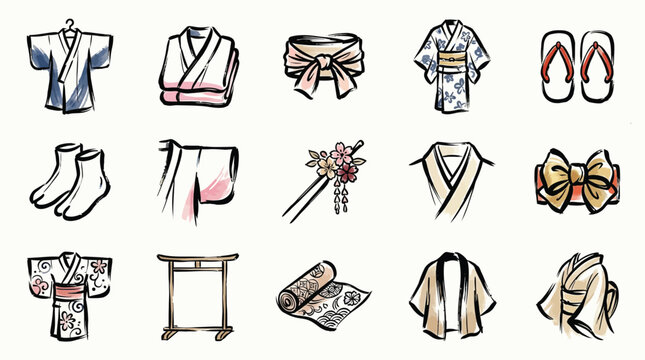 A collection of hand-drawn illustrations depicting various traditional Japanese clothing items and accessories, including kimonos, obi sashes, geta sandals, and hair ornaments.