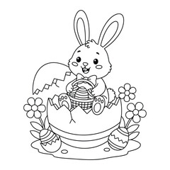 Fototapeta premium Easter coloring page shows a cute bunny sitting inside a cracked egg with basket