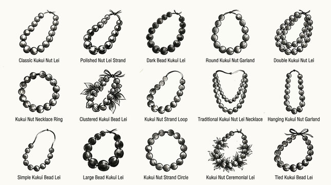 Collection of 15 illustrations showcasing various styles of Kukui Nut leis and garlands, including classic, braided, and ceremonial designs.