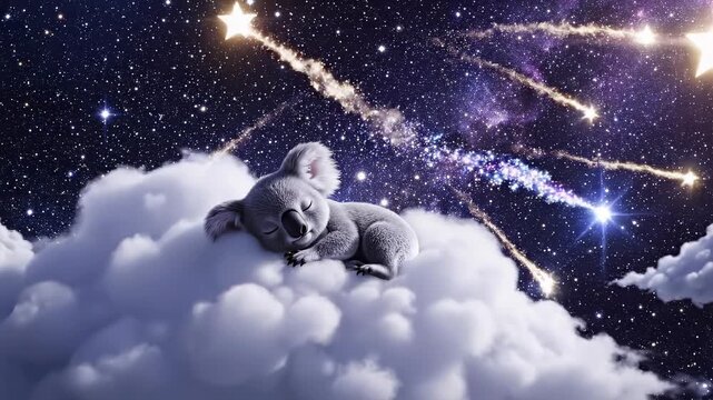 A serene scene of a koala sleeping on a fluffy cloud surrounded by a starry night sky and colorful cosmic elements