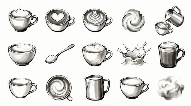 A collection of hand-drawn illustrations depicting various coffee-related elements, including cups of coffee with latte art, frothy milk, and splashing liquids.