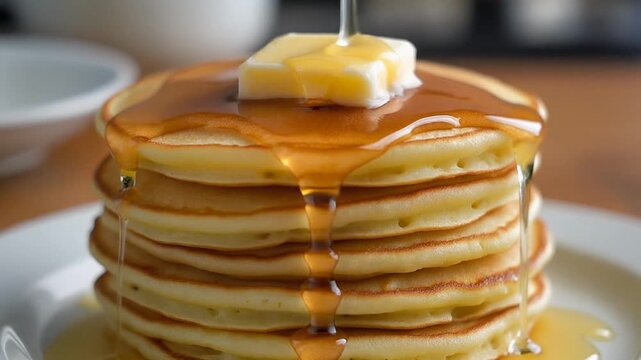 A stack of pancakes with syrup and butter on a plate