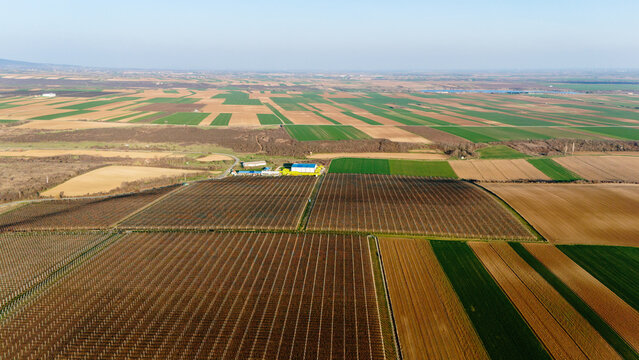 Aerial view of patchwork fields in varied earthy tones meet distant horizons under a pale sky, Jazak, Vojvodina, Serbia.