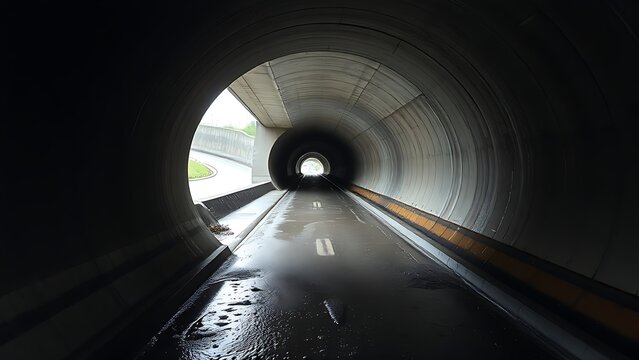 undernourishment. A concrete drainage pipe under a road, wet interior with dripping water, tunnel perspective. real-estate listings.